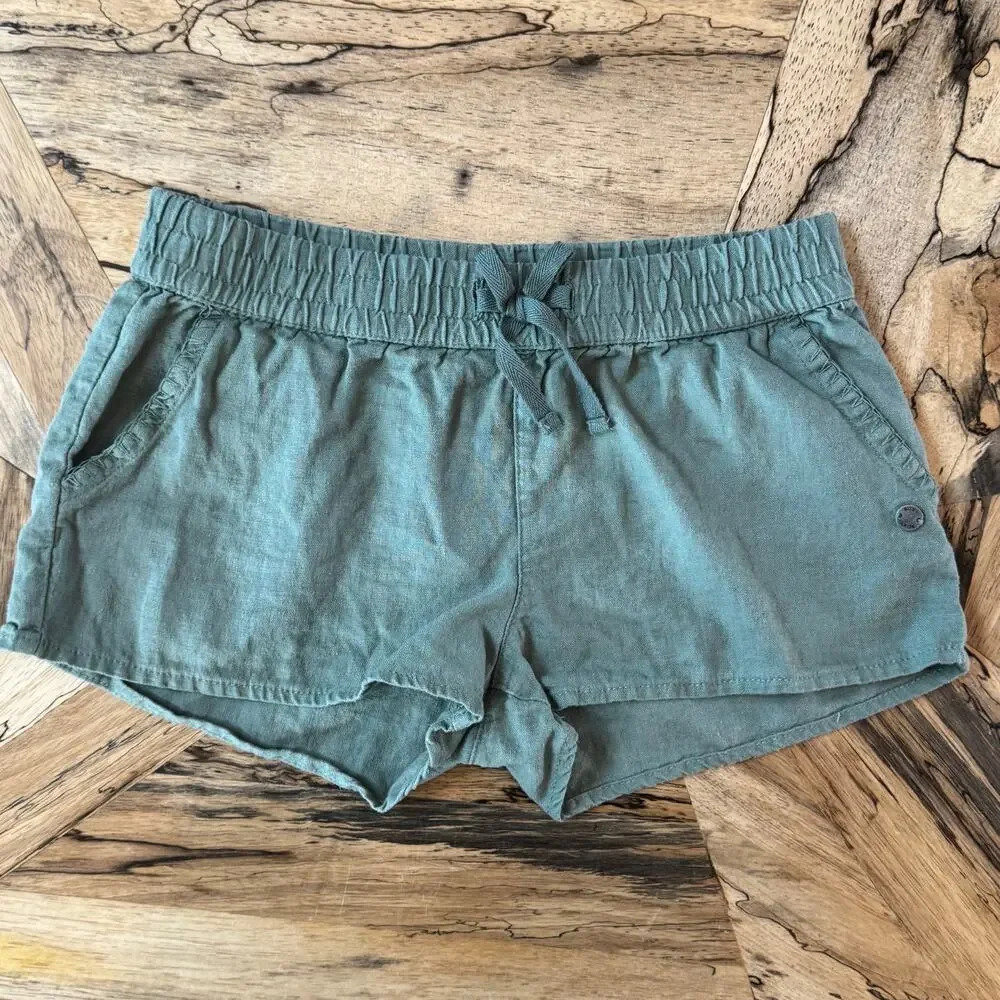 Roxy Girl Olive Green Linen Drawstring Shorts Size 12 Large Beach Coastal